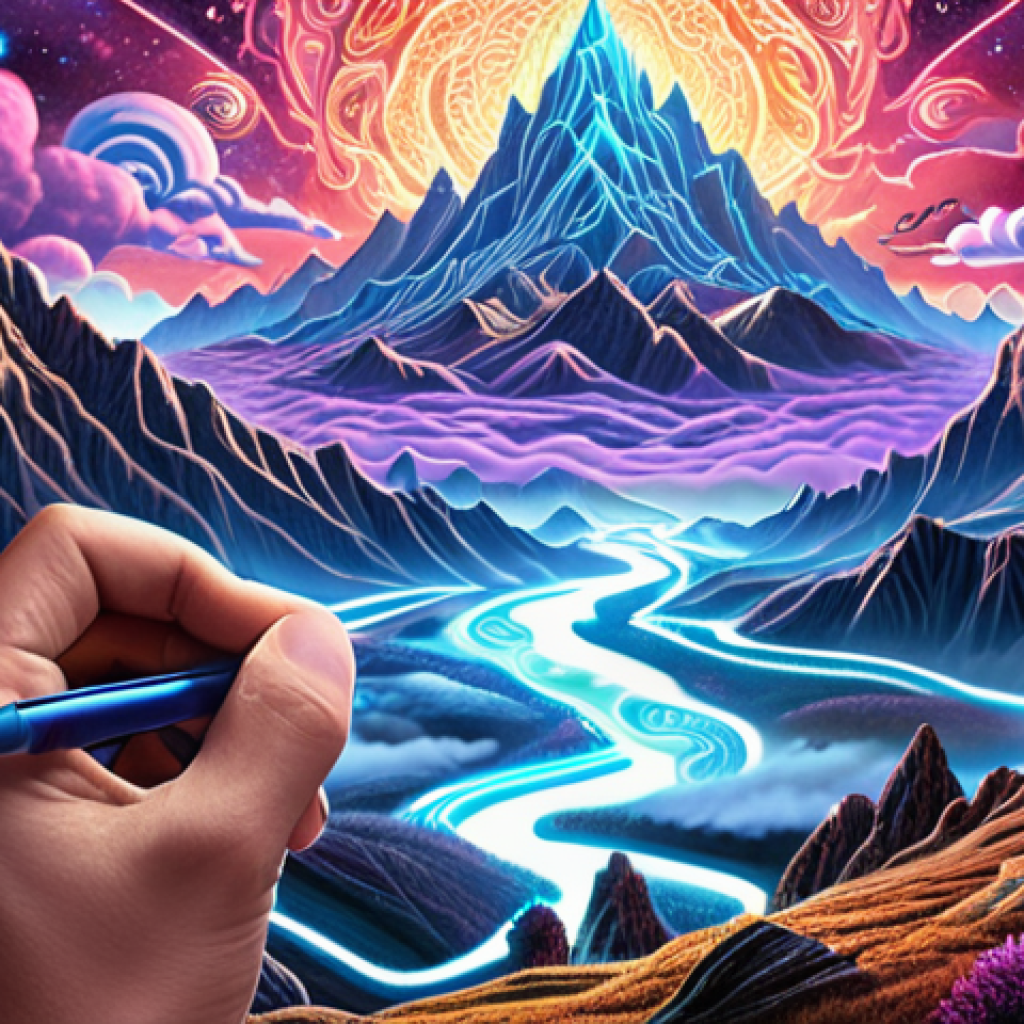 **A visionary digital artist, eyes fixed on a glowing screen, as an intricate, fantastical landscape swiftly materializes. Swirling ethereal energy, representing AI, weaves into the artwork, transforming a simple sketch into a vibrant, photorealistic scene of mountains and magical clouds. The artist's hand holds a digital pen, highlighting the seamless blend of human creativity and AI-driven generation. Futuristic, dynamic, and full of creative potential.**