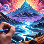 **A visionary digital artist, eyes fixed on a glowing screen, as an intricate, fantastical landscape swiftly materializes. Swirling ethereal energy, representing AI, weaves into the artwork, transforming a simple sketch into a vibrant, photorealistic scene of mountains and magical clouds. The artist's hand holds a digital pen, highlighting the seamless blend of human creativity and AI-driven generation. Futuristic, dynamic, and full of creative potential.**