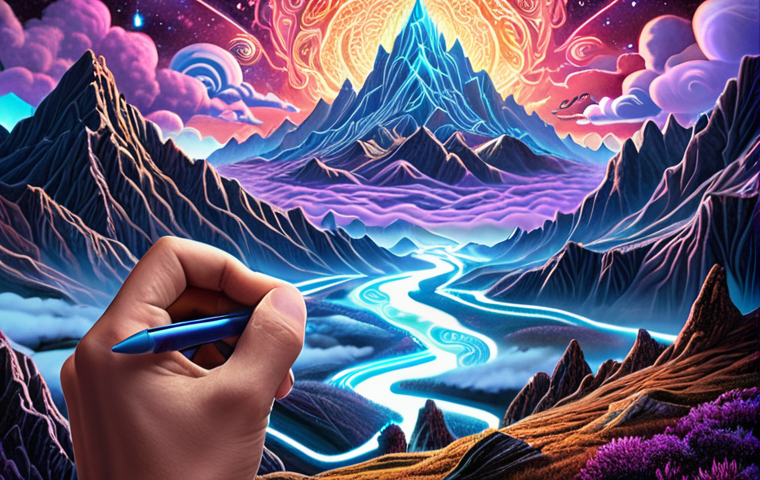 **A visionary digital artist, eyes fixed on a glowing screen, as an intricate, fantastical landscape swiftly materializes. Swirling ethereal energy, representing AI, weaves into the artwork, transforming a simple sketch into a vibrant, photorealistic scene of mountains and magical clouds. The artist's hand holds a digital pen, highlighting the seamless blend of human creativity and AI-driven generation. Futuristic, dynamic, and full of creative potential.**