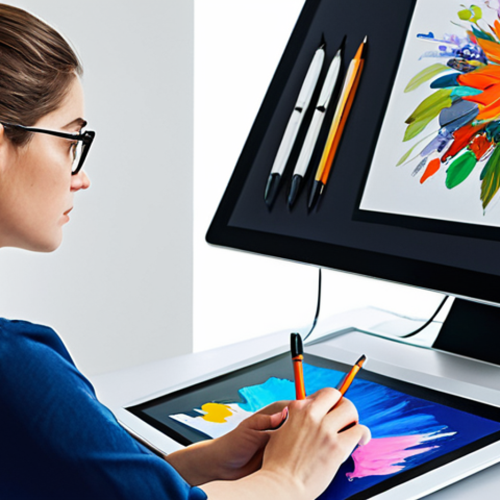 A professional digital artist, fully clothed in modest, contemporary attire, deeply engrossed in creating a vibrant and expressive artwork on a large digital drawing tablet. The image emphasizes the artist's unique style, with bold, distinctive brushstrokes and a palette reflecting personal creativity. The studio environment is clean and minimalist, bathed in soft, natural light, subtly featuring both traditional art supplies and modern tech. Perfect anatomy, correct proportions, natural pose, well-formed hands, proper finger count, natural body proportions, professional photography, high quality, safe for work, appropriate content, family-friendly.