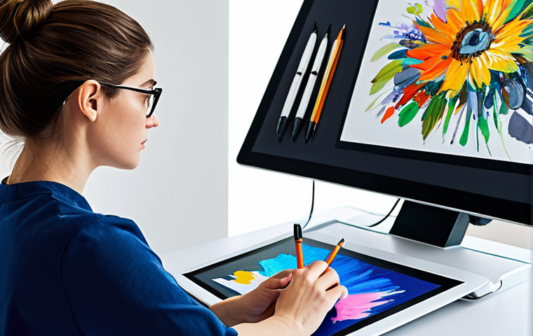 A professional digital artist, fully clothed in modest, contemporary attire, deeply engrossed in creating a vibrant and expressive artwork on a large digital drawing tablet. The image emphasizes the artist's unique style, with bold, distinctive brushstrokes and a palette reflecting personal creativity. The studio environment is clean and minimalist, bathed in soft, natural light, subtly featuring both traditional art supplies and modern tech. Perfect anatomy, correct proportions, natural pose, well-formed hands, proper finger count, natural body proportions, professional photography, high quality, safe for work, appropriate content, family-friendly.