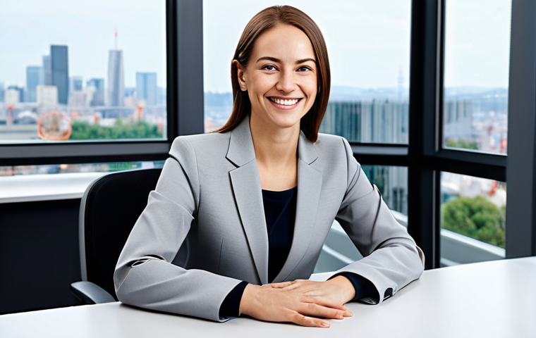**

A professional businesswoman in a modest business suit, sitting at a desk in a modern office. She is smiling confidently, with well-formed hands and natural body proportions. The office has large windows with a city view. Fully clothed, appropriate attire, safe for work, perfect anatomy, natural proportions, professional photography, high quality.

**
