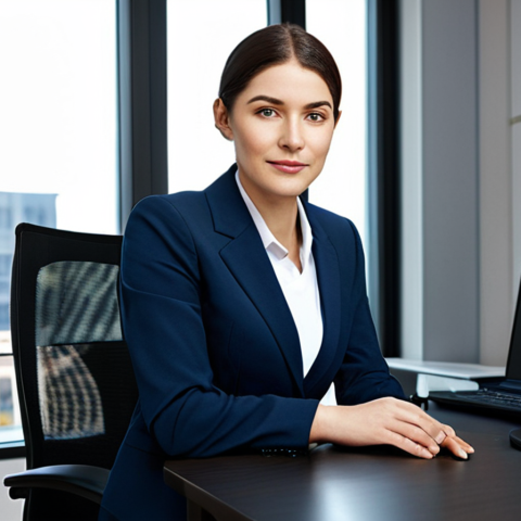 **

"A professional businesswoman in a modest business suit, sitting at a desk in a modern office, fully clothed, appropriate attire, safe for work, perfect anatomy, natural proportions, professional photography, high quality. The office should have soft, natural lighting and a clean, organized appearance."

**