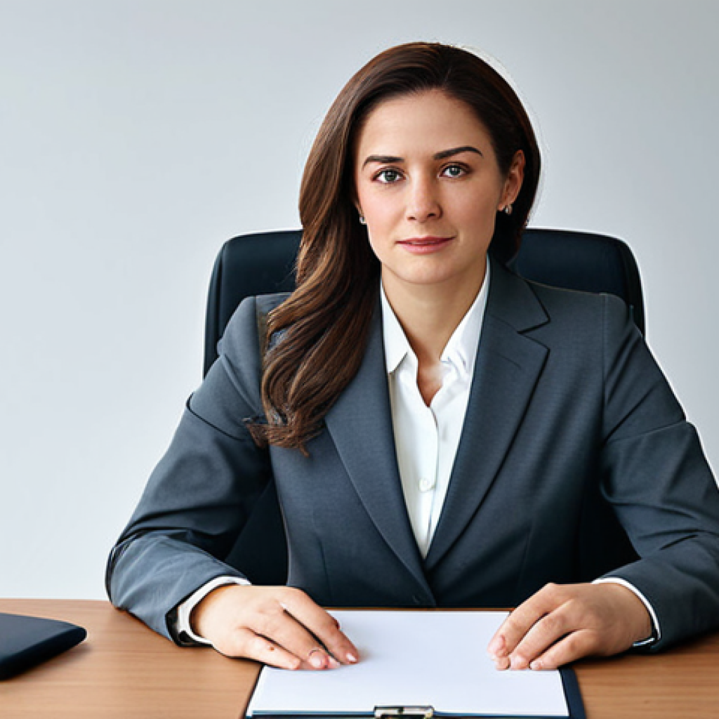 웹툰 제작 툴 비교 - "A professional businesswoman in a modest business suit, sitting at a desk in a modern office, fully...
