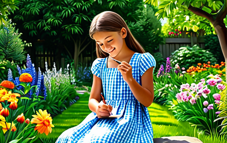 디지털아트 데포르메 캐릭터 제작법 - **

"A cheerful girl in a modest sundress, sketching in a lush garden, surrounded by flowers. Fully ...