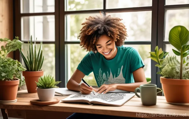 디지털아트 프린트 온 디맨드 활용 - **Prompt:** A vibrant and inspiring scene depicting a talented digital artist, in their late 20s, wi...