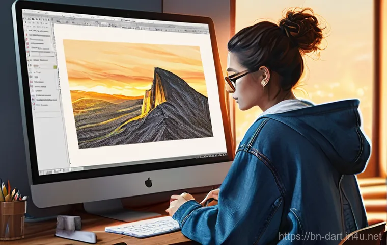 어도비 포토샵 디지털아트 기법 - **Prompt 1: Creative Digital Artist in Her Studio**
    A vibrant, medium-shot image of a female dig...