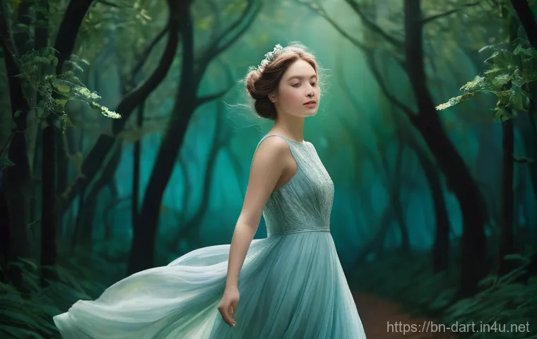 디지털아트와 전통미술 융합 - **Prompt:** A whimsical, dreamlike portrait of a young woman, captured mid-shot, with a gentle, sere...