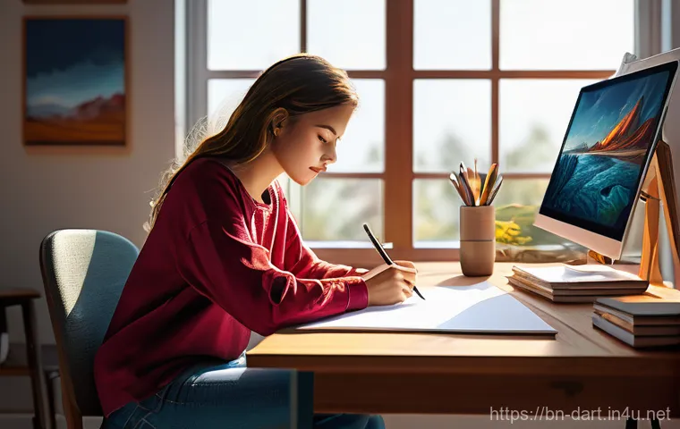 디지털아트 유튜브 채널 운영 - **Prompt 1: The Focused Digital Artist's Creative Hub**
    A young female digital artist, dressed i...