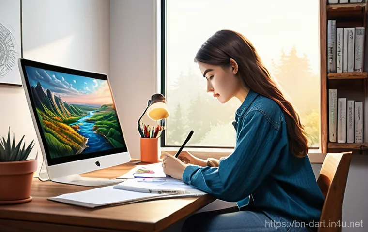 디지털아트 유튜브 채널 운영 - **Prompt 1: The Focused Digital Artist's Creative Hub**
    A young female digital artist, dressed i...