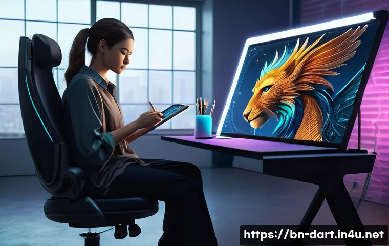 디지털아트 영화 컨셉아트 제작 - **Prompt:** A highly detailed concept art of a professional female concept artist, casually dressed ...