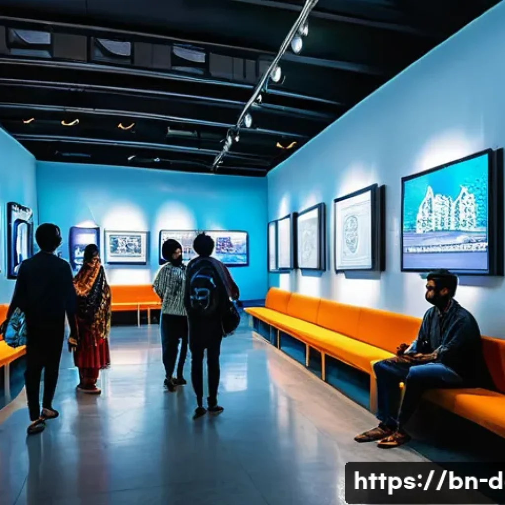 디지털아트 전시회 개최 방법 - A modern digital art exhibition space in a bustling central city location in Bangladesh, featuring h...
