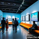 디지털아트 전시회 개최 방법 - A modern digital art exhibition space in a bustling central city location in Bangladesh, featuring h...