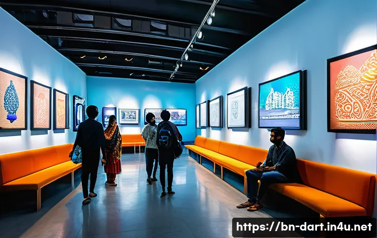 디지털아트 전시회 개최 방법 - A modern digital art exhibition space in a bustling central city location in Bangladesh, featuring h...