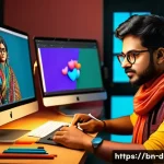 애니메이션과 디지털아트의 관계 - A vibrant digital art studio scene showcasing a young Bengali digital artist at work using a pen tab...