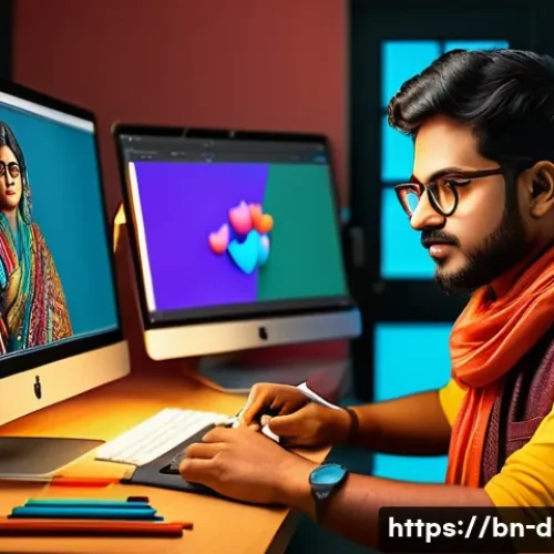 애니메이션과 디지털아트의 관계 - A vibrant digital art studio scene showcasing a young Bengali digital artist at work using a pen tab...