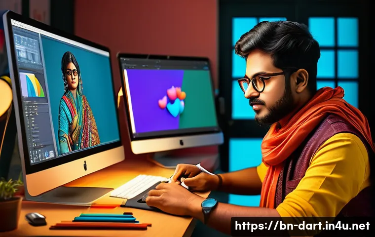 애니메이션과 디지털아트의 관계 - A vibrant digital art studio scene showcasing a young Bengali digital artist at work using a pen tab...