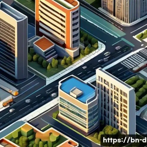 디지털아트 아이소메트릭 스타일 - A detailed isometric cityscape design showcasing three-dimensional buildings aligned on a precise 12...