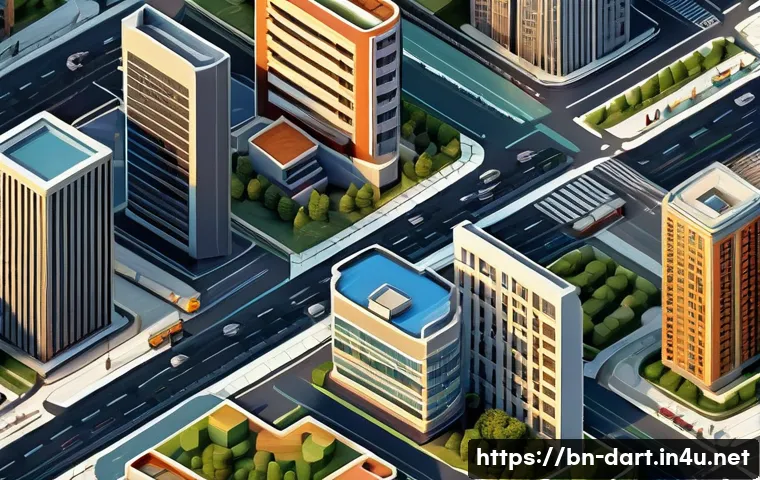 디지털아트 아이소메트릭 스타일 - A detailed isometric cityscape design showcasing three-dimensional buildings aligned on a precise 12...