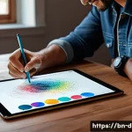 아이패드 vs 와콤 태블릿 비교 - A detailed digital artist workspace featuring a modern iPad Pro with Apple Pencil on a sleek wooden ...