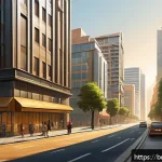 디지털아트에서 원근법 적용하기 - A detailed digital painting of an urban cityscape showcasing two-point perspective technique, featur...