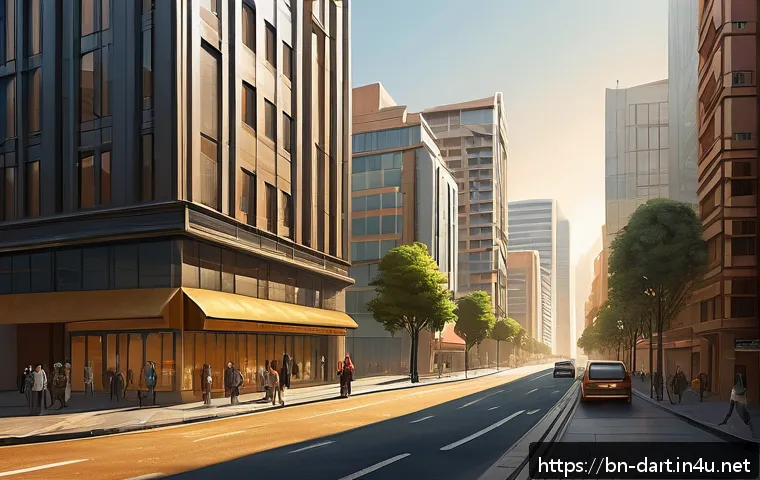 디지털아트에서 원근법 적용하기 - A detailed digital painting of an urban cityscape showcasing two-point perspective technique, featur...