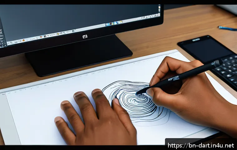 디지털아트 태블릿 드라이버 설정법 - A detailed digital art workspace setup featuring a Wacom Intuos Pro tablet connected to a Windows 10...