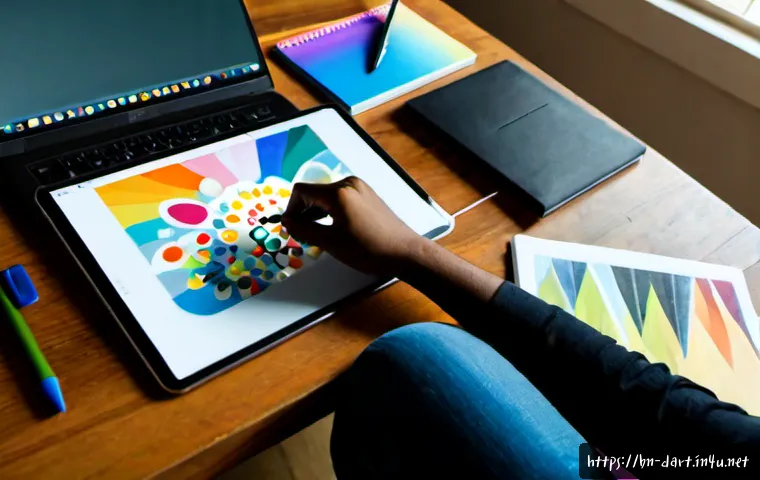 디지털아트 오픈소스 프로그램 추천 - Photorealistic overhead view of a Bangladeshi digital artist at a clean wooden desk, using a large p...