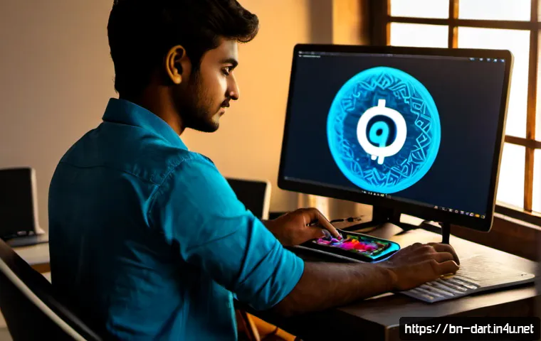 크립토아트 수익 창출 방법 - Photorealistic scene of a Bangladeshi digital artist working at a tidy home studio desk, editing a v...